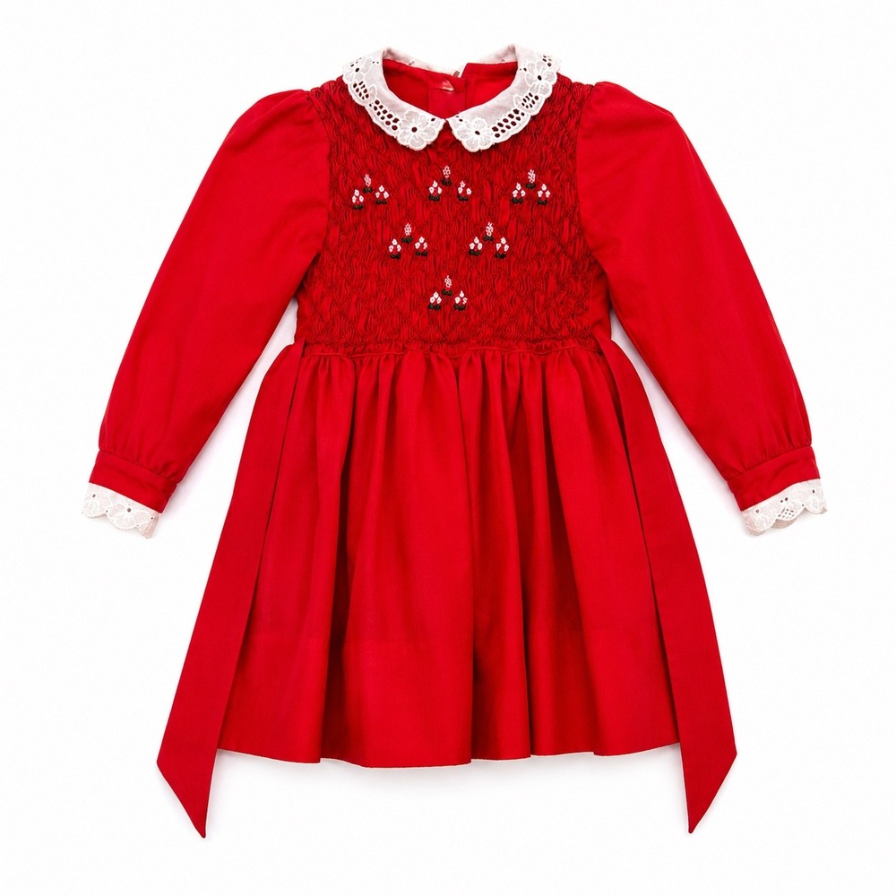 Polly Flinders Smocked Dress 4T Red Vintage Lace Holiday 1072 AH158 Cottagecore